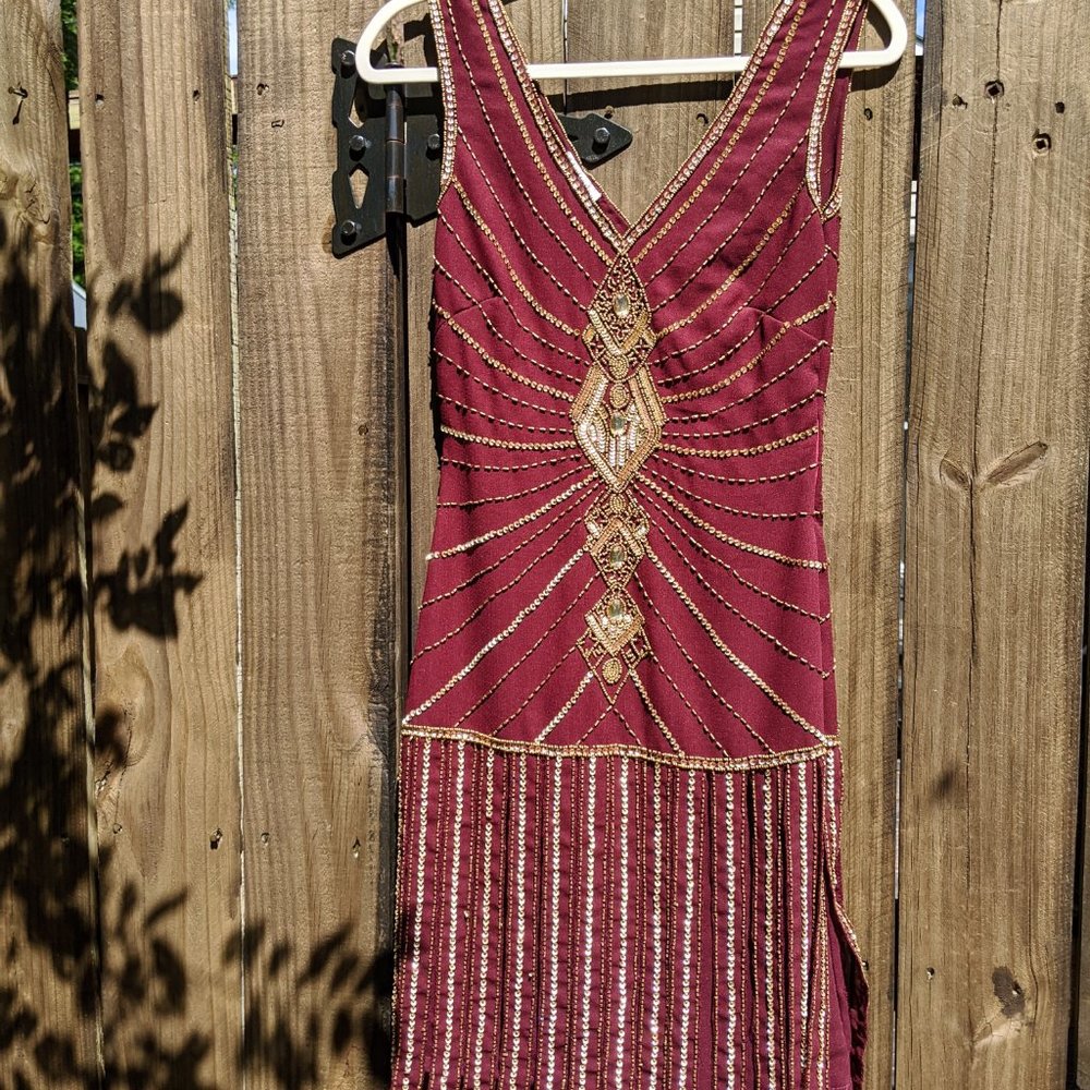 Deep Red Beaded Flapper Dress | Unique Vintage - Picture 3 of 4